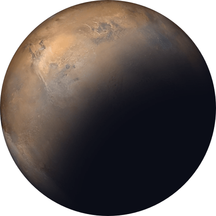 A brown and dusty looking planet with multiple craters on its surface. There is a shadow over the planet that goes up from the bottom right. 